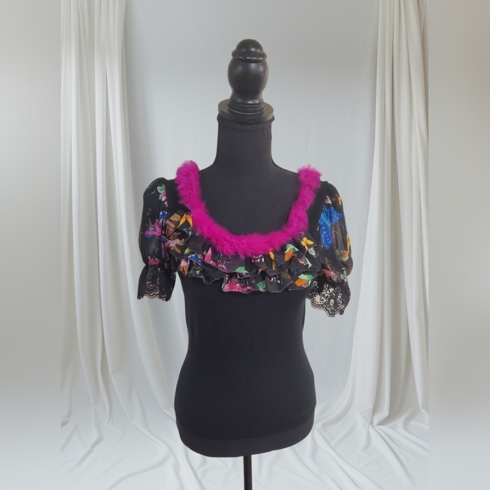 Women's Maximalist Black and Pink Ruffled Top